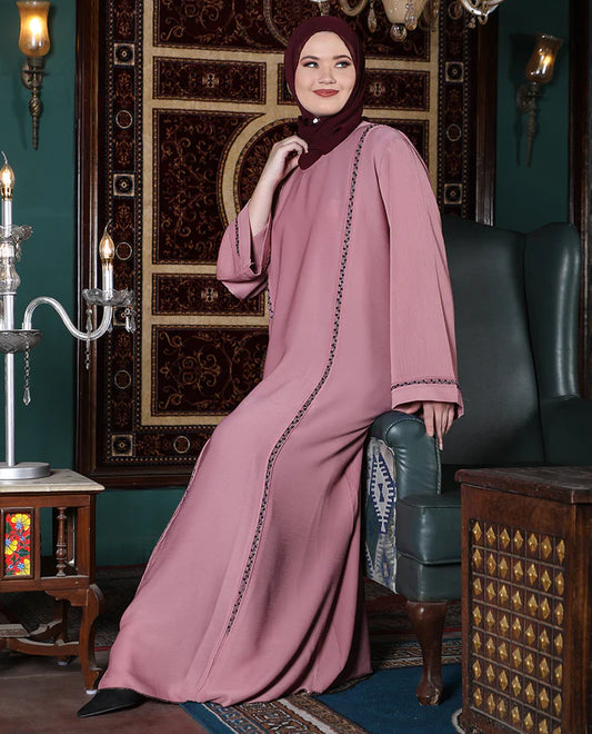 A01-Peach Blush Embellished Full Front Open Abaya