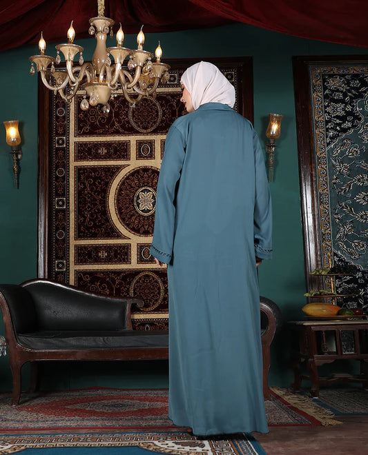 A01-Mystic Teal Embellished Full Front Open Abaya