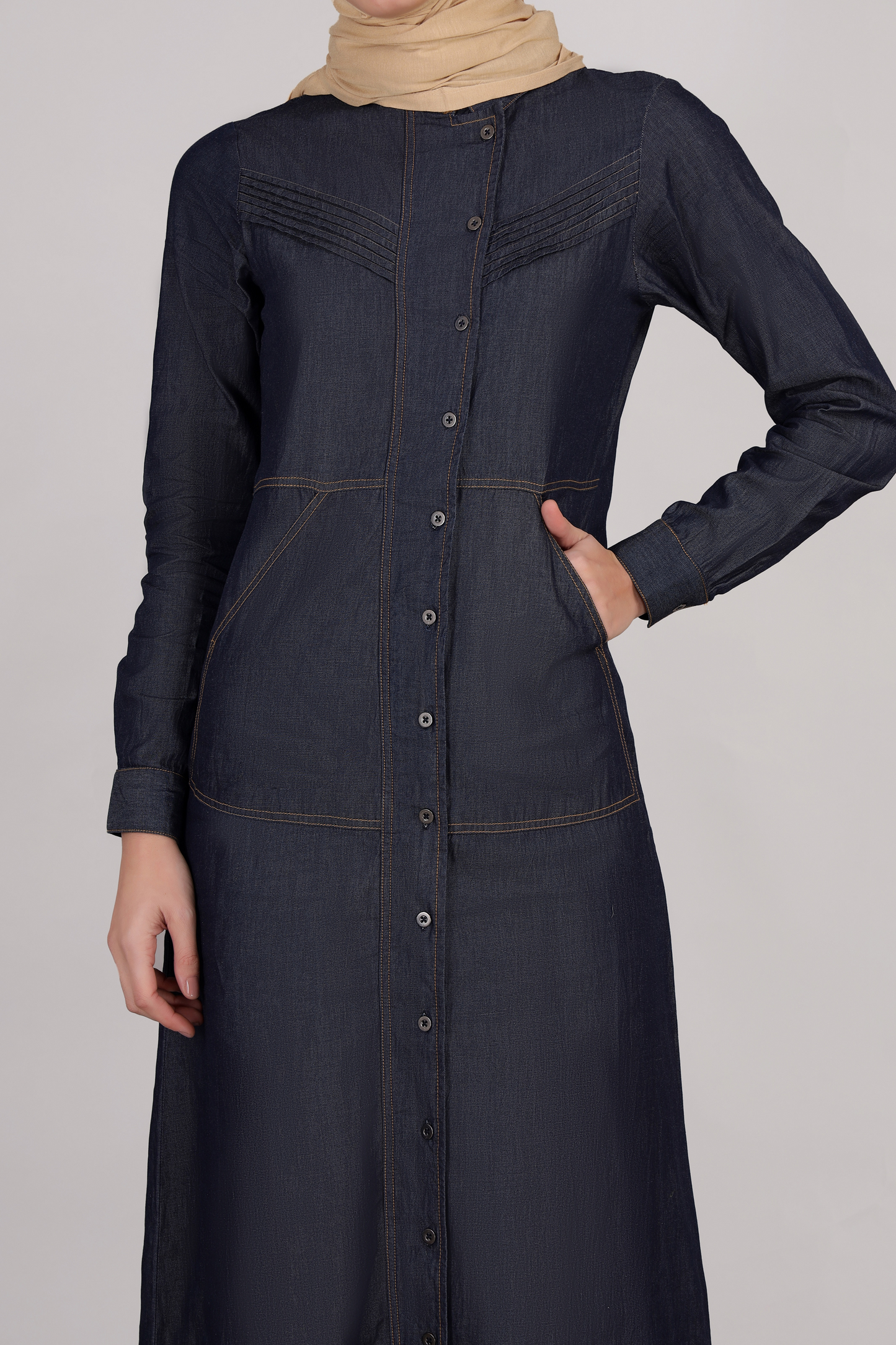 A01-Rustic Blue Full Front Open Denim Jilbab