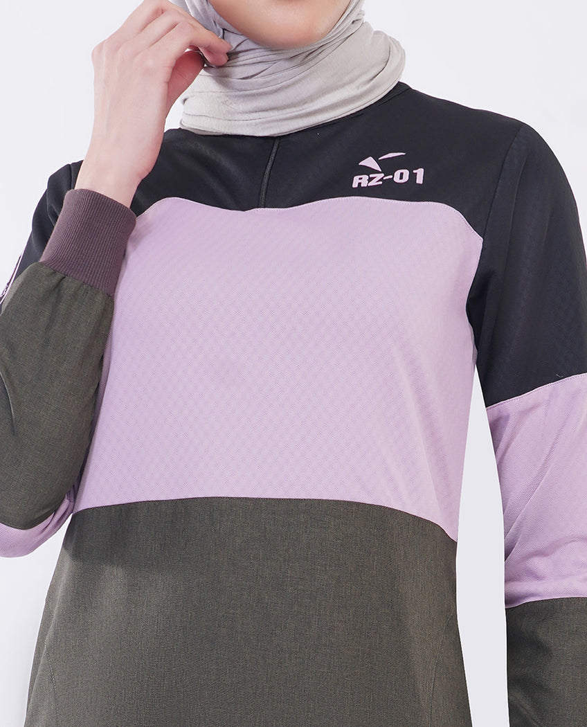 جلباب زيتي ووردي بتفاصيل Color Block عصرية ولمسات أنثوية راقية
