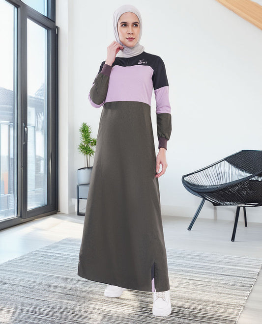جلباب زيتي ووردي بتفاصيل Color Block عصرية ولمسات أنثوية راقية